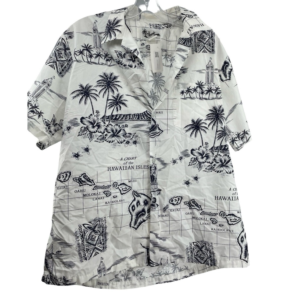 Howie Men's Shirt Hawaiian Map Print White Cotton Blend Medium
